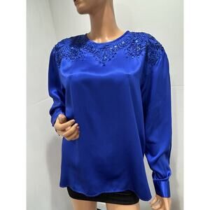 ib diffusion Blouse Royal Blue Size 12 Large Embroidered Long Sleeve 100% Silk